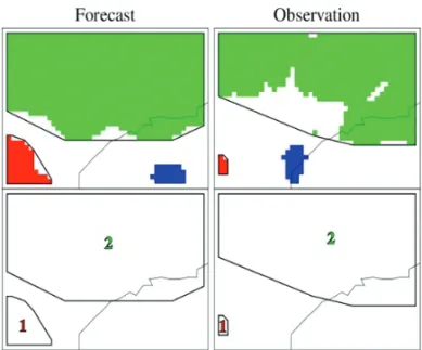 Figure 3 – Forecast (left side) and observed (right side) rain objects identified by MODE, for a threshold of 0.3 mm and (lower panel) forecast and observed polygons identifications for total interest values &gt; 0.7.