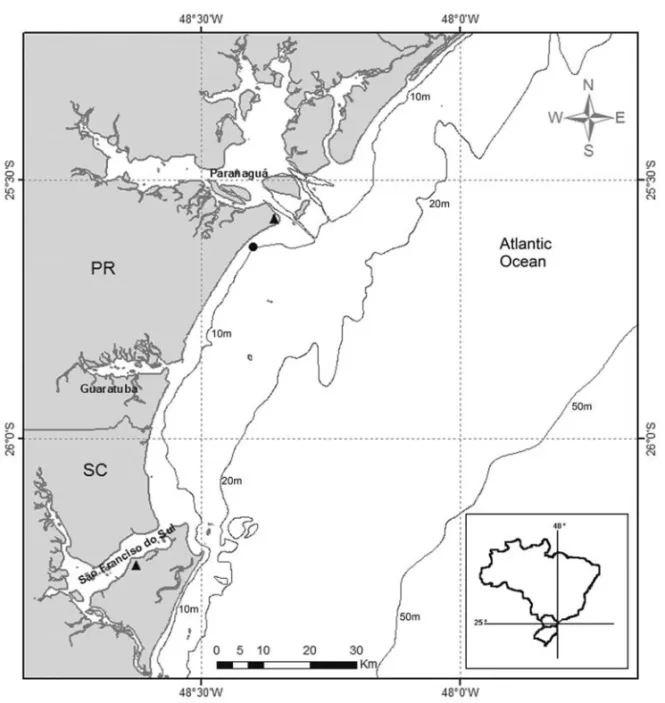 Figure 1 – The study area. The bathymetric contours correspond to isobaths of 10, 20 and 50 m