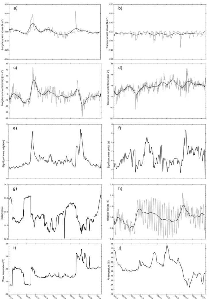 Figure 2 – Series of observed and filtered (in bold) parameters for the period between October 11th and 31st, 2006 a) longitudinal wind stress; b) transverse wind stress; c) longitudinal current; d) transverse current; e) significant wave height; f) signif