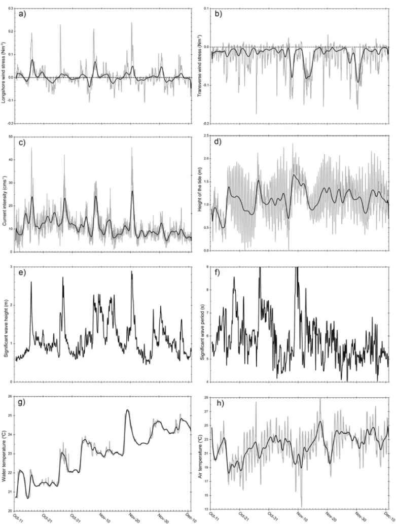 Figure 3 – Series of observed and filtered (in bold) parameters for the period between October 11th and December 10th, 2006 a) longitudinal wind stress; b) transverse wind stress; c) current velocity; d) height of the tide; e) significant wave height; f) s