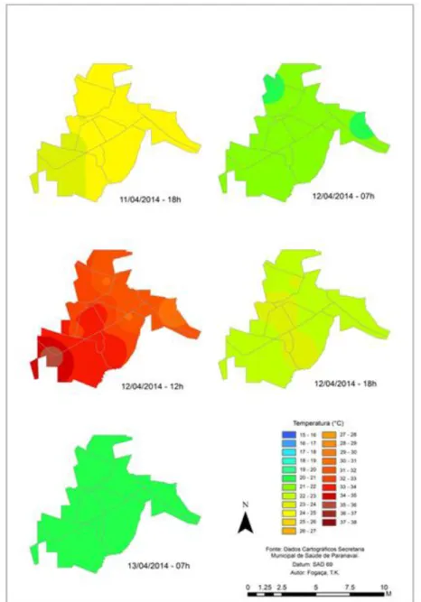 Figura 10 - Área Urbana Contínua de Paranavaí-PR: Coleção de mapas de Isotermas -  11 a 13/04/2014
