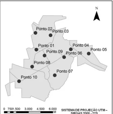 Figura 1 - Área Urbana Contínua de Paranavaí/PR – Distribuição dos abrigos e HOBO.  
