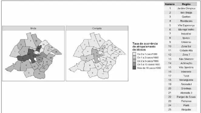 Figura 2. Distribuição espacial das taxas brutas e corrigidas pelo método Bayesiano empírico local da ocorrência de atropelamento de  idosos no município de Maringá (PR), por região