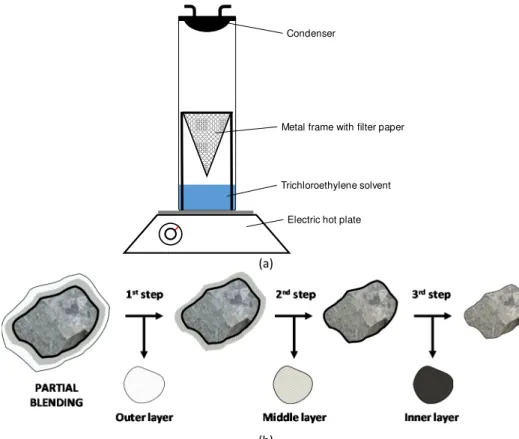 Figure 2. Illustration of (a) the extraction apparatus and (b) the staged extraction procedure 