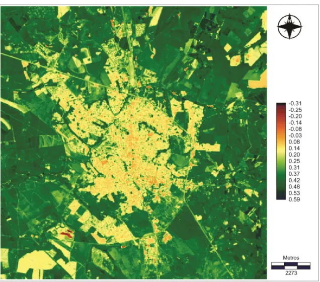 Figura 3 - Mapa de NDVI de São Carlos-SP elaborada a partir das bandas 5 e 4 do  satélite Landsat 8, 04/04/2014