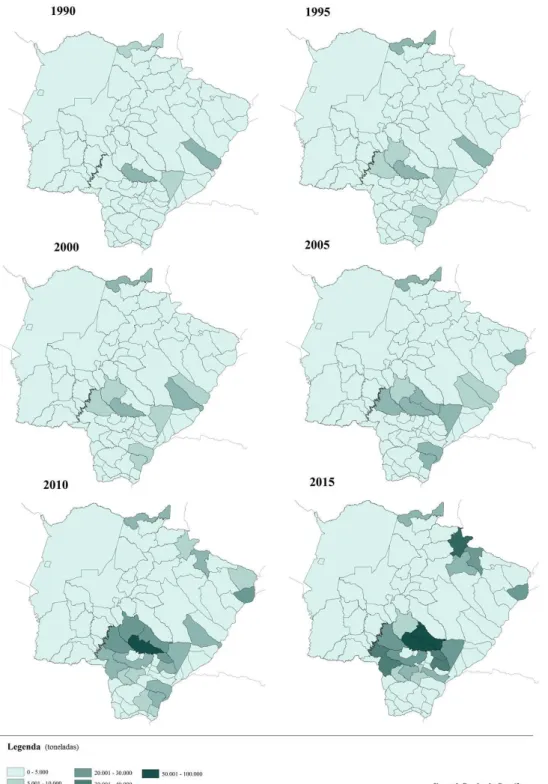 Figura 1 - Mato Grosso do Sul. Evolução da área plantada de cana-de-açúcar em 1990,  1995, 2000, 2005, 2010 e 2015