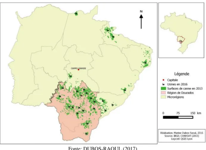 Figura 2- Superfície de cana-de-açúcar, 2013 e localização das usinas em Mato  Grosso do Sul, 2016 