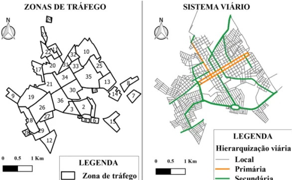 Figura 2: Zonas de tráfego e sistema viário da cidade de Bariri-SP 