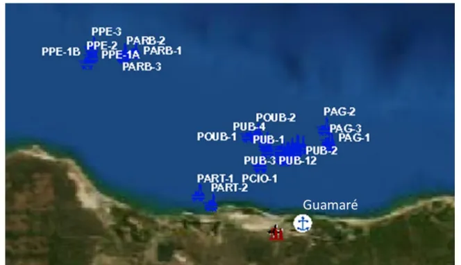 Figura 1. Localização das plataformas de produção offshore e do Porto de Guamaré. Fonte: ANP (2014)