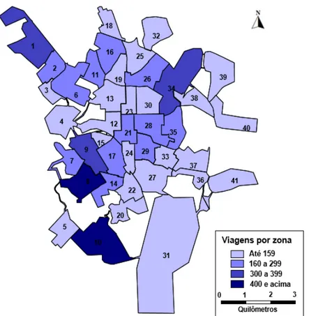 Figura 2. Viagens produzidas por zonas de tráfego, São Carlos-SP, considerando uma amostra de 6821 viagens