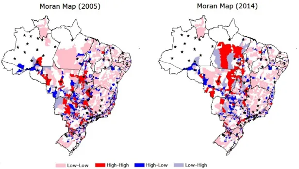 Figure 2. Moran Maps for Interstate Bus Trips generated by Brazilian municipalities in 2005 and 2014  