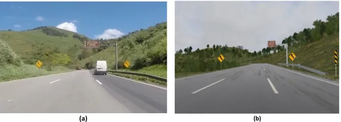 Figura 4. Modelagem da rodovia: (a) cenário real (b) cenário virtual 