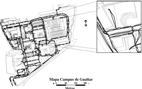 Figura 5: Mapa do Campus de Gualtar em Braga com rede de pedestres e detalhe de um trecho com identificação do sentido do fluxo 