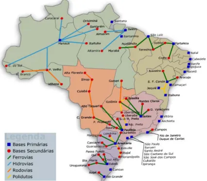 Figura 2. Representação geográfica das bases de distribuição de combustíveis líquidos no Brasil e suas ligações nos modos de trans- trans-porte rodo, ferro, hidro e dutoviário