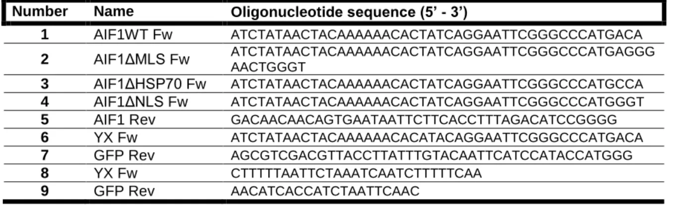 Table II – List of the oligonucleotides used in this work. 