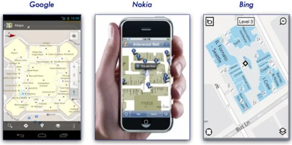 Figura 2.14: Interface móvel das aplicações Google Maps 6.0, Navteq e Bing Maps respetivamente (adaptada de 12 13 14 ).