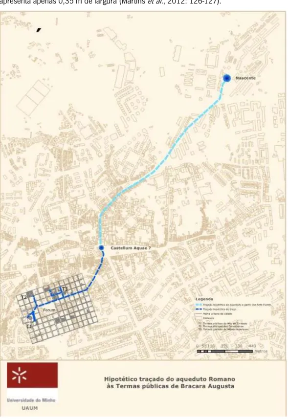 Figura 12 Mapa com o hipotético traçado do aqueduto romano às termas públicas de Bracara Augusta