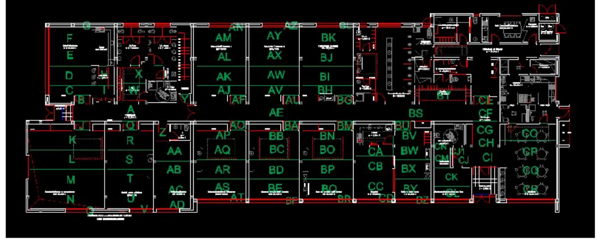 Figura 12 – Planta em AutoCad de edifício com definição de áreas a pavimentar. 