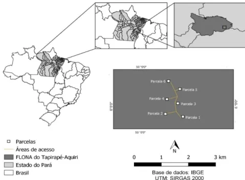 Figura 1. Localização geográfica da Floresta Nacional do Tapirapé-Aquiri e as seis parcelas permanentes instaladas na  área Rio Cinzento 