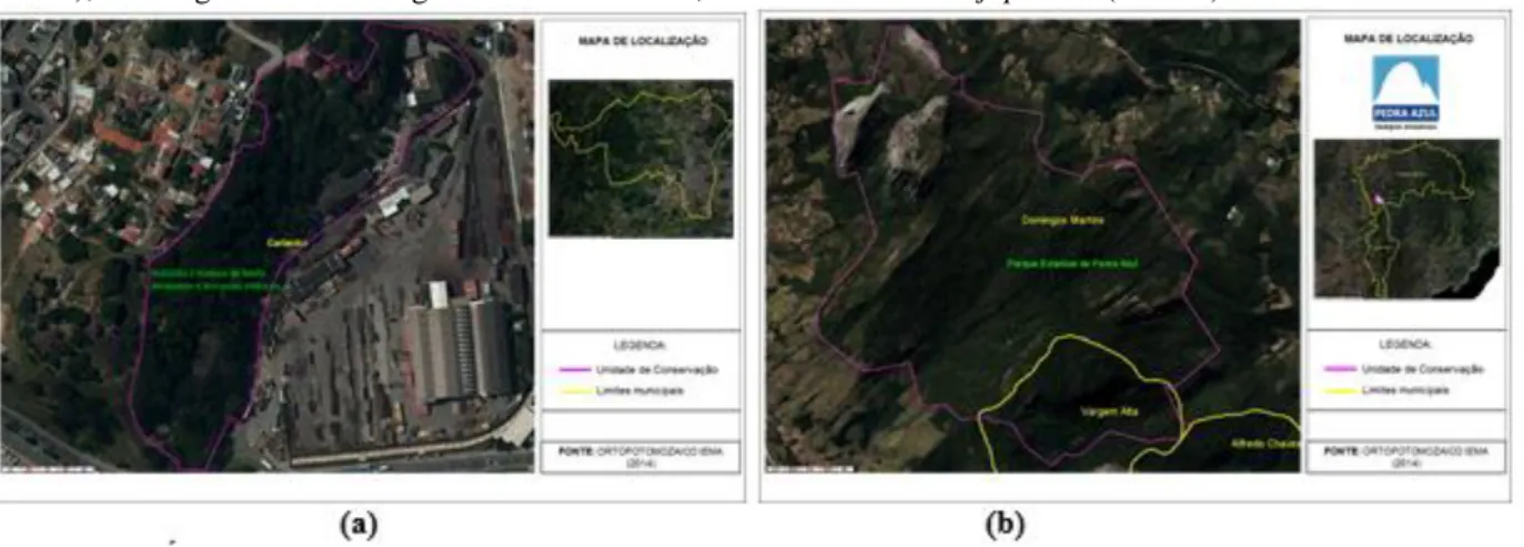Figura  1  –  Áreas  de  coleta  das  espécies  investigadas,  onde:  (a)  -  Instituto  Estadual  de  Meio  Ambiente  e  Recursos  Hídricos (IEMA), Cariacica – ES/Brasil, área de coleta de A