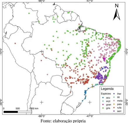 Figura 1: Mapa de distribuição de Formicivora, indicando as localidades de ocorrência compiladas para cada uma das  10 espécies do gênero