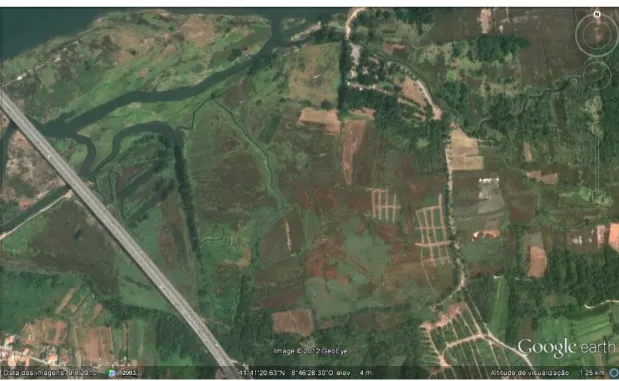 Figura 5: Imagem aérea obtida a partir do programa de uso livre  Google Earth  com representação da  zona correspondente ao Caniçal