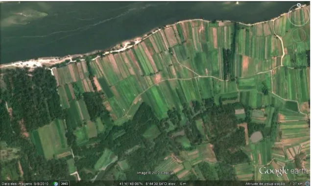 Figura 14: Imagem aérea obtida a partir do programa de uso livre  Google earth  com representação de  terrenos agrícolas junto à margem esquerda do rio Lima, mais a montante da Veiga de São Simão