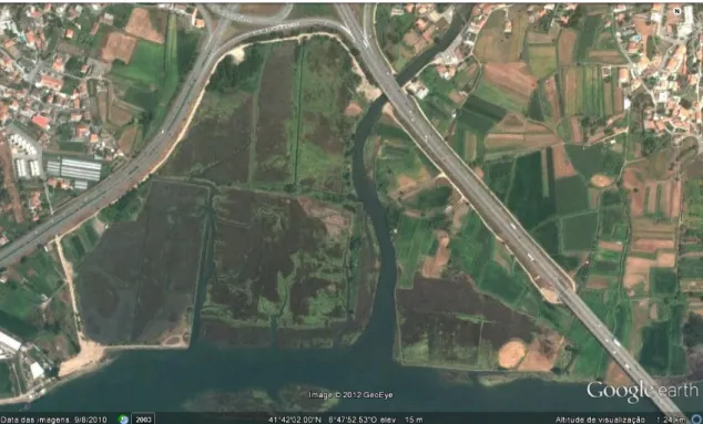 Figura  17:  Imagem aérea obtida a partir do programa de uso livre  Google earth  com representação da  zona correspondente ao Sapal da Meadela