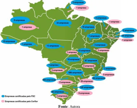Figura  4 -  Número  de  empresas  certificadas  por  estado  brasileiro  em  Cadeia  de  Custódia  (CoC)  nos  sistemas  FSC  (Forest Stewardship Council) e Cerflor (Programa Brasileiro de Certificação Florestal)