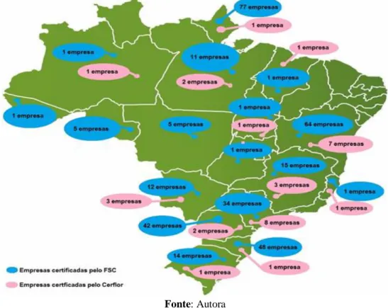Figura 2 - Número de empresas brasileiras certificadas por estado nos sistemas Forest Stewardship Council (FSC) e  Programa Brasileiro de Certificação Florestal (Cerflor)