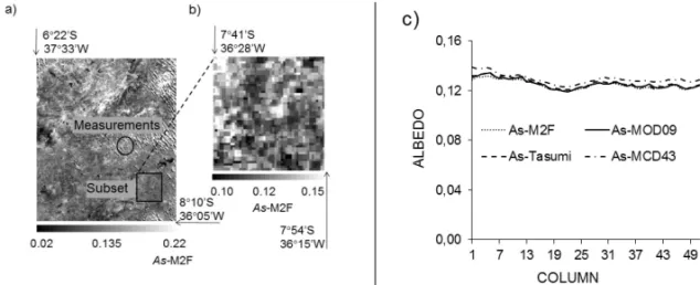 Figure 4 – a) Scene of As-M2F on day 193 of the year 2005, in sector A2 indicating the site of measurements and subset with 51 × 51 pixels; b) Scene of As-M2F in the subset area; c) average behavior of the surface albedo along the 51 columns of the subset 