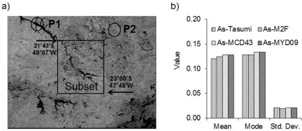 Figure 5 – a) Scene of As-MCD43 on day 197 of the year 2005 in sector A3 with indication point on surface covered with water (P1), another on measurement areas (P2) and a subset of 278 × 277 pixels