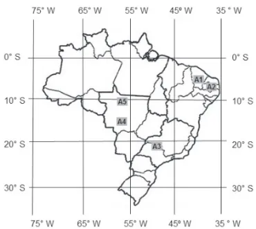 Figure 1 – Sectors A1, A2, A3, A4 and A5, selected to implement atmospheric corrections by using the methods described in the present work.