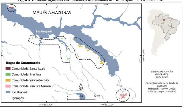 Figura 1. Localização das comunidades tradicionais no rio Urupadí, em Maués, AM. 