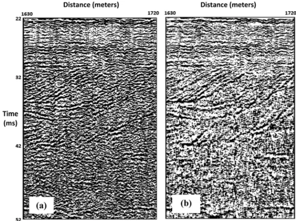 Figure 11 – Comparison between unfiltered sections (a) and after applying the band-pass filter (b), indicating the presence of buried paleochannel deposits, profile 9.