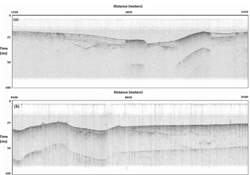 Figure 4 – Raw seismic profiles. Profile 5: offsets 1350-2350 (a), and profile 9: offsets 8100-9200 (b).