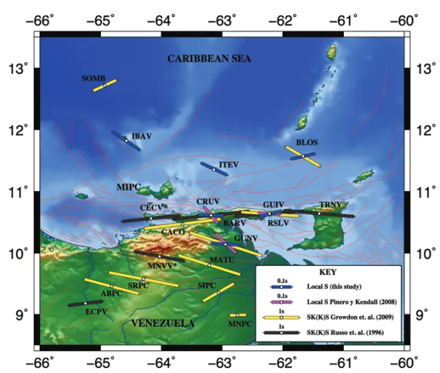 Figure 9 – Average values of fast polarization direction in the north-northeast of Venezuela and parts of the Caribbean