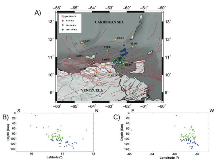 Figure 2 – A) Map showing stations and events used in this study. Yellow triangles indicate stations from the Seismological Venezuelan Network (FUNVISIS) and XT Network from BOLIVAR Project