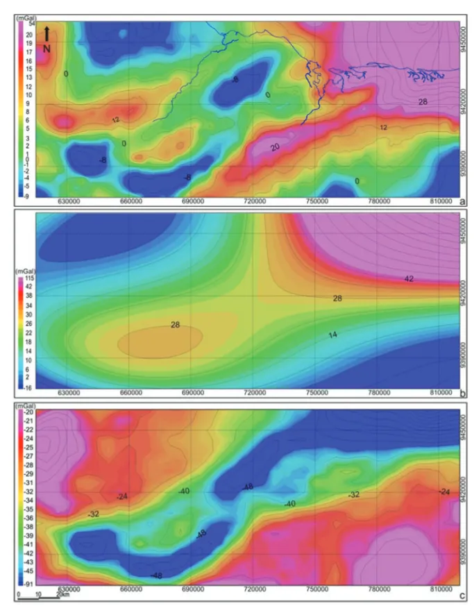 Figure 3 – Maps of the onshore Potiguar Basin: a) Bouguer anomaly (contour interval of 4 mGal and coast blue line), b) regional gravity anomaly obtained from the 4 th order polynomial fit (contour interval of 7 mGal), c) residual gravity anomaly (contour i