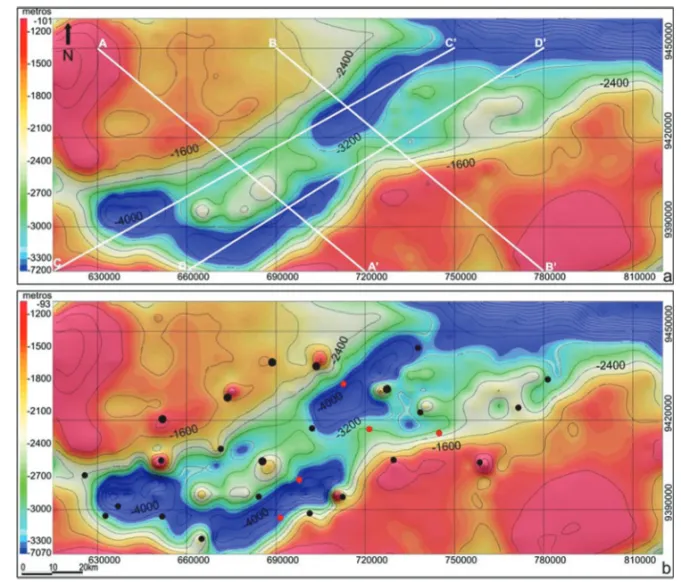 Figure 4 – Estimated basement relief of the onshore Potiguar Basin resulting from gravity inversions performed: a) Scenario 1 and b) Scenario 2a