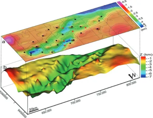 Figure 8 – Estimated basement relief of the onshore Potiguar Basin resulting from the gravimetric inversion performed in Scenario 2a: a) Contour map showing locations of wells completed in the  base-ment (black circles) and wells ending in the sedibase-men
