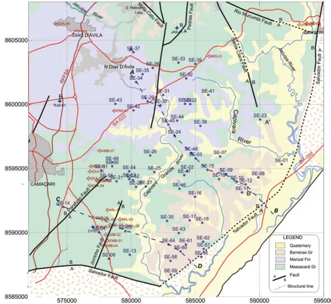 Figure 3 – Geologic map of the studied area, with access roads and localization of VES centers and analyzed wells.