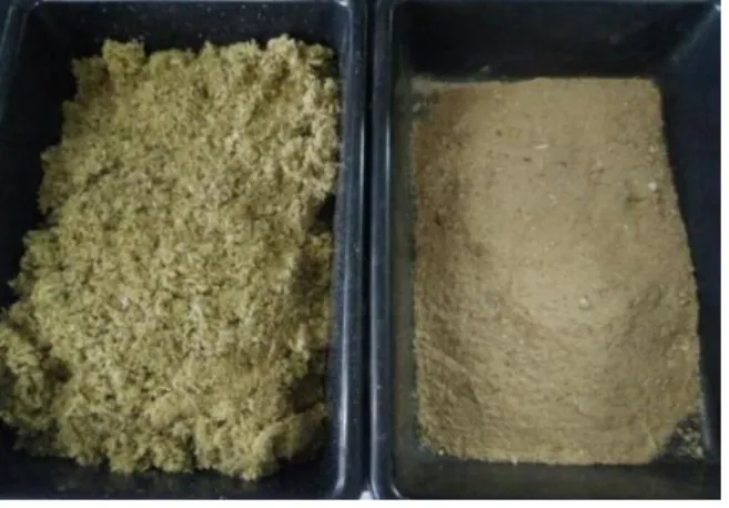 FIGURA 3 – Fibra de trigo (esquerda) e serragem de madeira (direita) nas quantidades que foram utilizadas