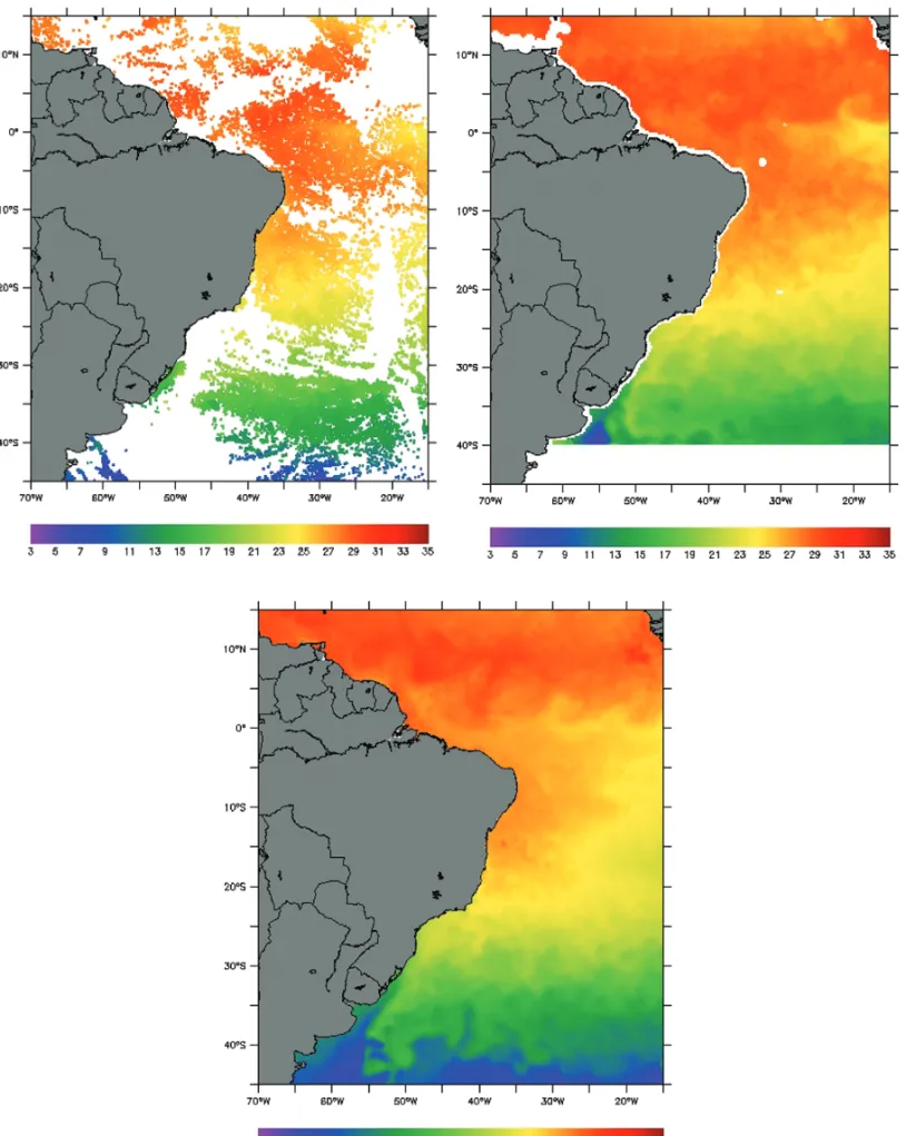 Figure 13 – The cloud-free SST composition (lower central panel) is obtained using AVHRR SST (upper left panel) and TMI SST (upper right panel)