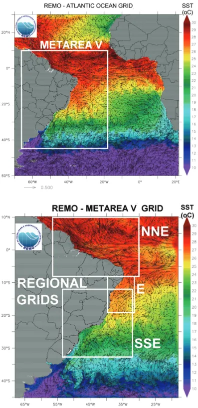 Figure 4 – REMO models nesting configuration, showing the eddy-permitting Atlantic basin domain (up panel), the eddy-resolving METAREA V domain, and some examples of higher resolution regional domains (down panel).