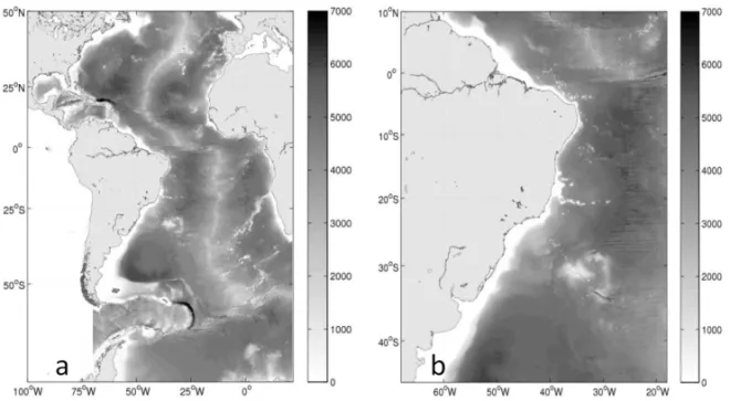 Figure 1 – Bathymetry used in the HYCOM model for: 1a) grid with resolution of 1/4 degree for the entire Atlantic and 1b) grid with resolution of 1/12 ◦ for the Southwestern Atlantic