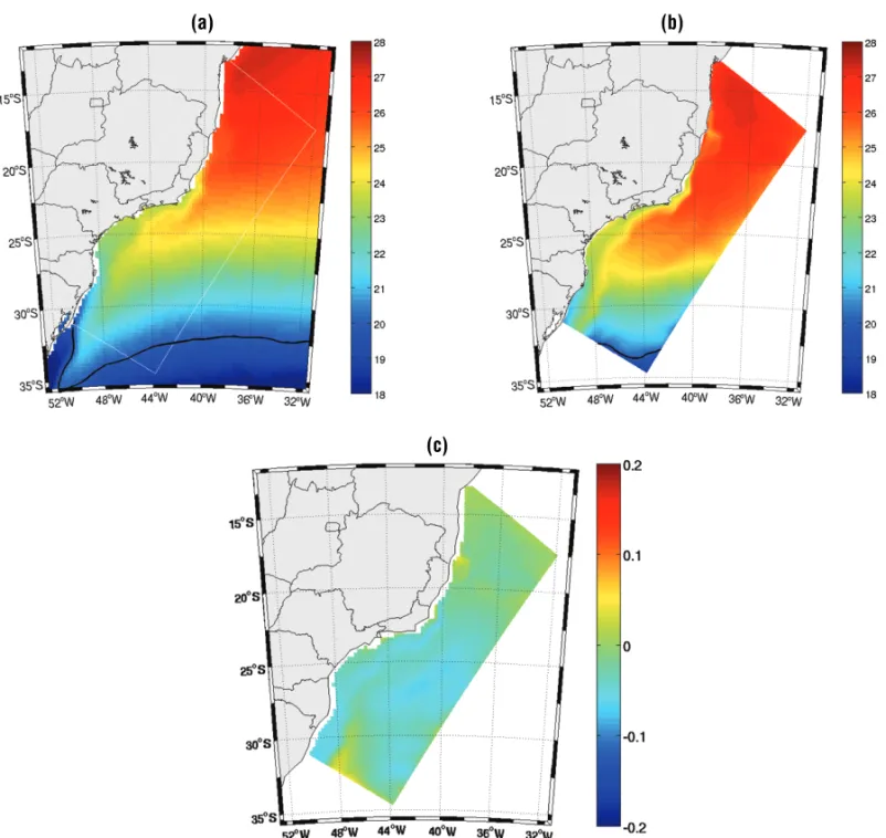 Figure 3 – Annual mean of Sea Surface temperature (SST), (in ◦ C). a) from GHRSST, b) from ROMS and c) the Relative Absolute Error (RMAE) between the modeled and observed SST (range are from –0.2 to 0.2), for the period from 12 th June 2002 to 31 st Decemb