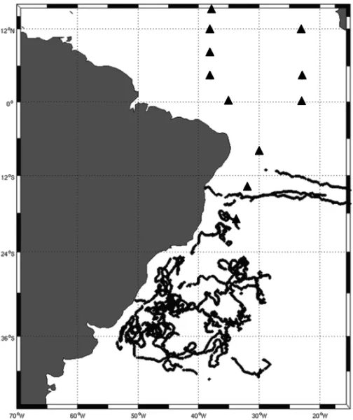 Figure 1 – Buoys distribution map (black triangles and black solid lines represent the 11 moored buoys and the 23 drifting buoys, respectively)