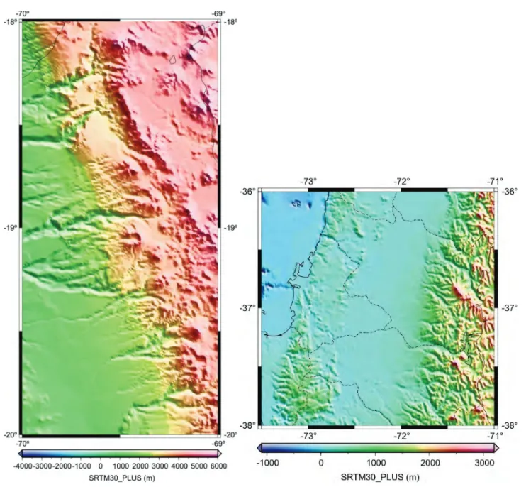 Figure 1 – Test area for Regions I a) and VIII b) in Chile. The scale bar indicates the altitude of the terrain from the SRTM30 PLUS.