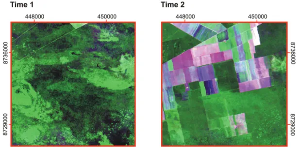 Figure 3 – Bi-temporal images of the study area referring to time 1 (Jun. 20 1984) and time 2 (Jun